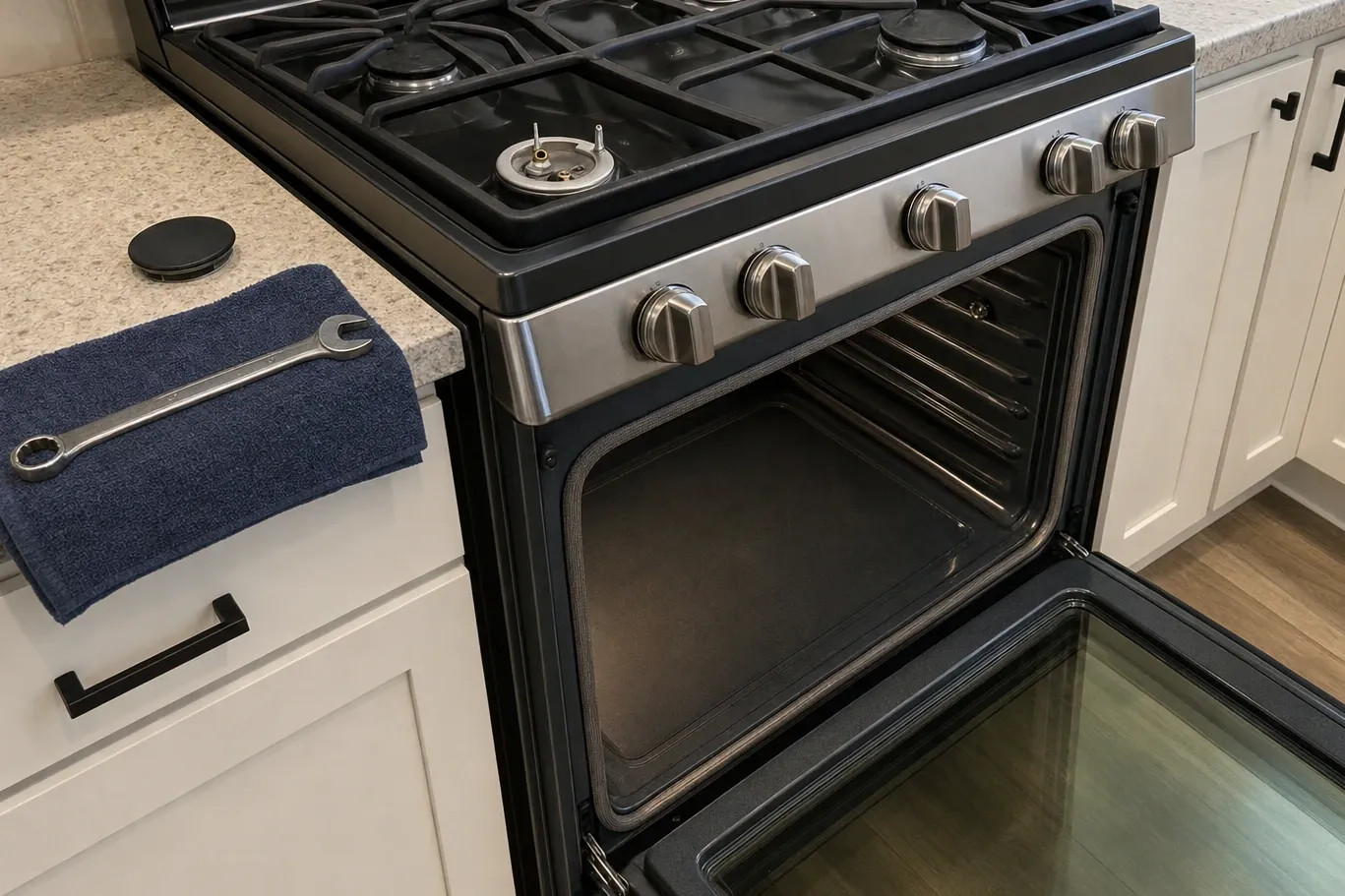 Gas cooktop with a burner cap removed, exposing the burner head, spark electrode and flame sensor